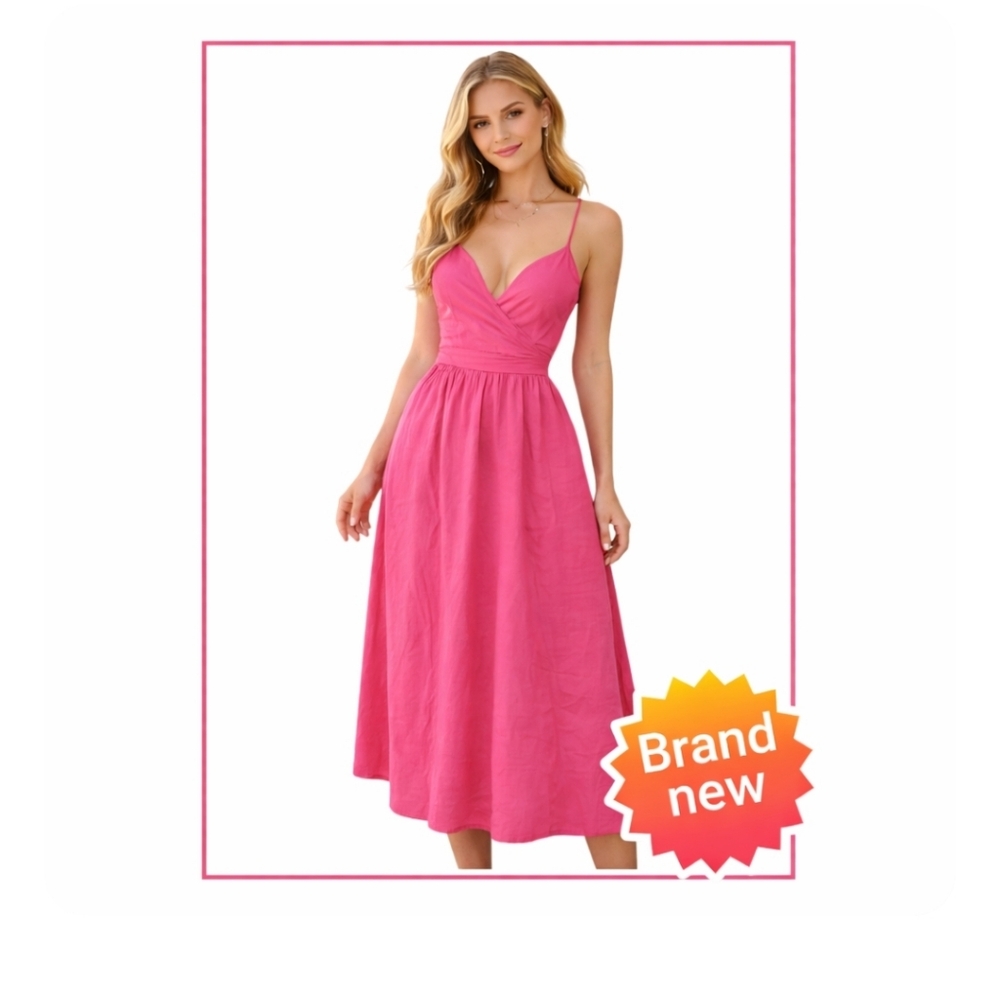 Sleeveless Pink V-Neck Midi Dress with Spaghetti Straps SunDress